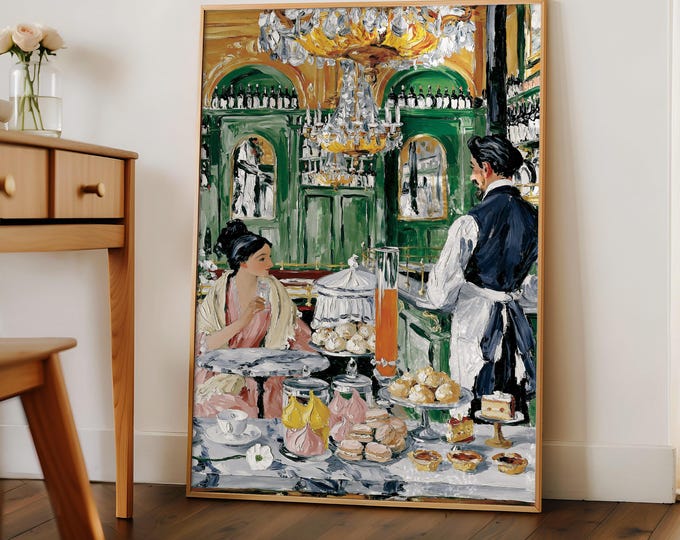 French Patisserie Wall Art Print, Paris Cafe Dessert Painting, Elegant Bakery Decor, Vintage Restaurant Canvas, Parisian Kitchen Art