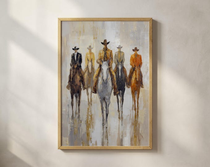 Cowboys on Horses Oil Painting Print, Western Wall Art, Impressionist Equestrian Framed Canvas, Rustic Southwestern Decor