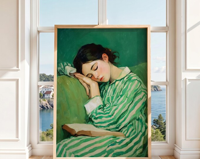 Green Oil Painting Print, Woman Reading Art, Vintage Style Wall Art, Cozy Aesthetic Canvas, Bedroom Decor, Soft Feminine Wall Decor