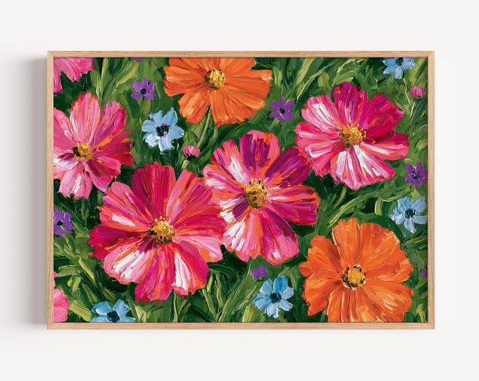Colorful Floral Wall Art Print, Pink Orange Flower Painting, Wildflower Canvas Art, Botanical Wall Decor, Maximalist Home Decor