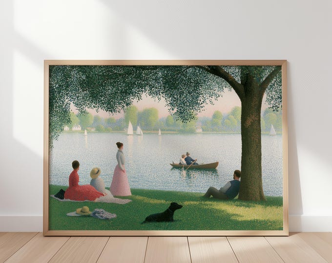 Vintage Lakeside Park Wall Art Print, Pointillism Landscape Painting, Summer Lake Canvas, Impressionist Nature Wall Decor