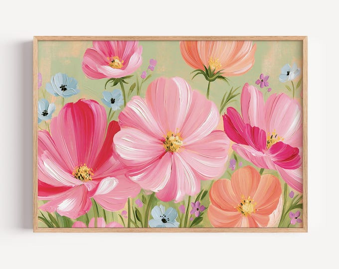 Colorful Floral Wall Art Print, Pink Orange Flower Painting, Wildflower Canvas Art, Botanical Wall Decor, Maximalist Home Decor