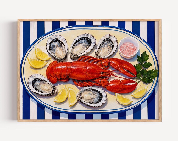 Lobster Wall Art Print, Coastal Kitchen Decor, Oyster Seafood Painting, Blue White Stripe Nautical Wall Art, French Bistro Canvas