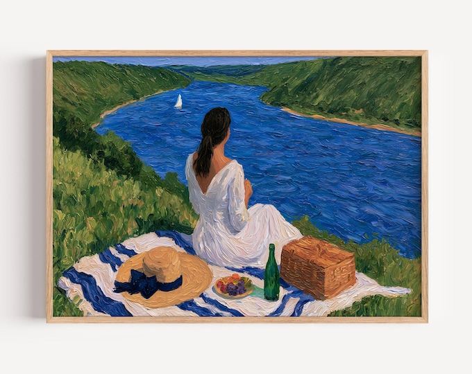 Vintage Impressionist Picnic Landscape Wall Art Print, River Meadow Painting, French Countryside Canvas, Cottagecore Home Decor