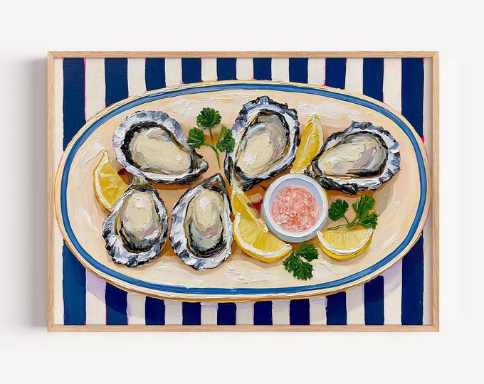 Oyster Wall Art Print, Coastal Kitchen Decor, Seafood Oil Painting, Blue Stripe Table Art, French Bistro Wall Decor, Nautical Canvas