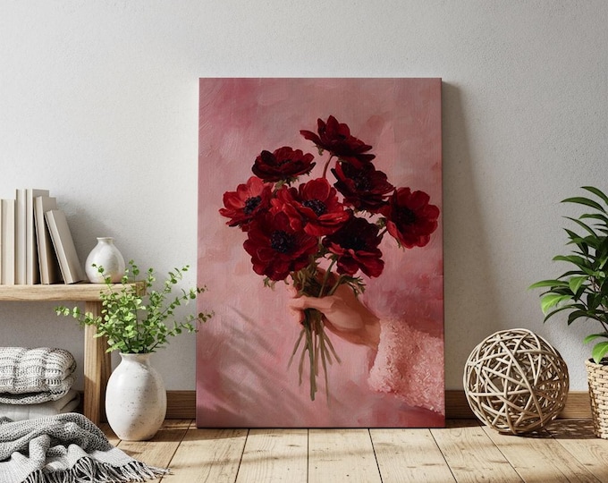 Red Anemone Oil Painting Print, Hand Holding Flowers Wall Art, Pink Aesthetic Floral Art,Impressionist Bouquet Decor, Moody Floral Art