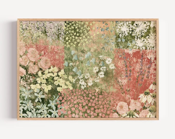 Colorful Floral Wall Art Print, Pastel Flower Garden Painting, Pink Botanical Art, Maximalist Wall Decor, Cottagecore Floral Print