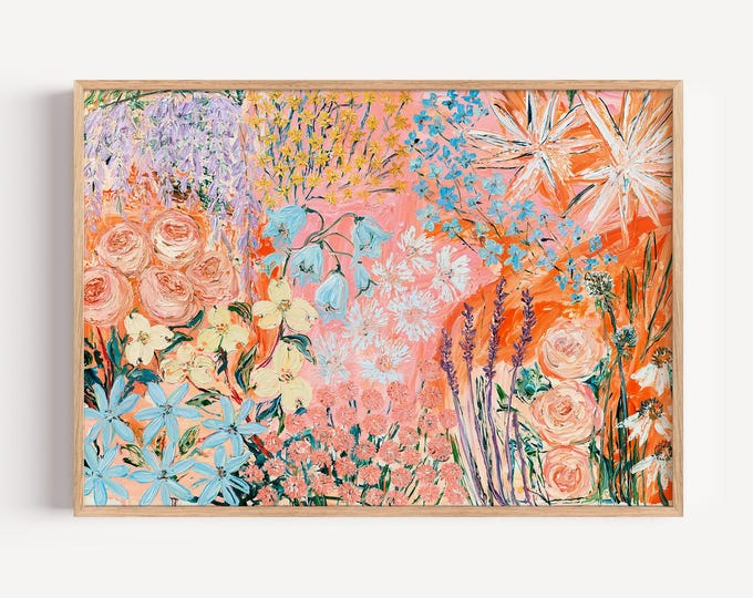 Colorful Floral Wall Art Print, Pastel Flower Garden Painting, Pink Botanical Art, Maximalist Wall Decor, Cottagecore Floral Print