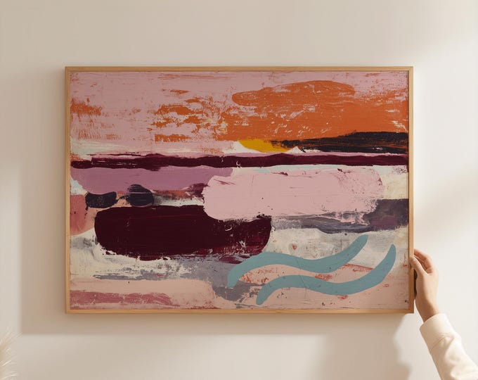 Distressed Abstract Landscape Wall Art Print, Dusty Pink Boho Framed Wall Art, Textured Earthy Nature Canvas, Rustic Modern Room Decor