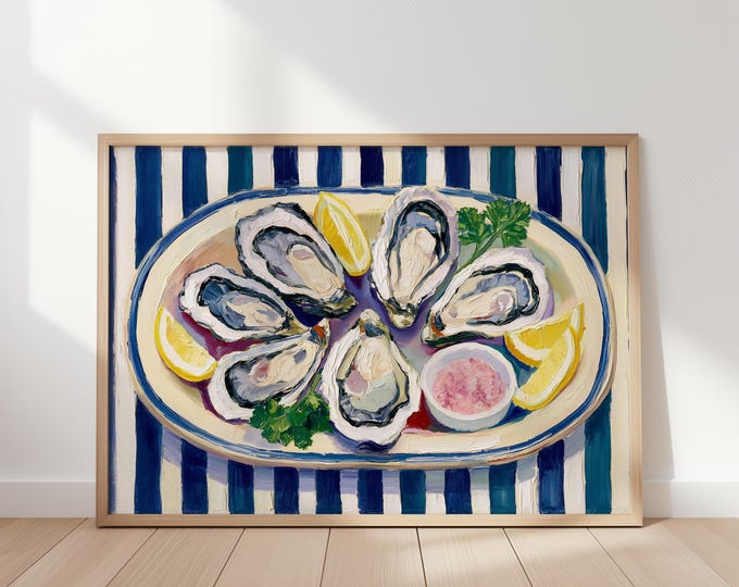 Oyster Wall Art Print, Coastal Kitchen Decor, Seafood Oil Painting, Blue Stripe Table Art, French Bistro Wall Decor, Nautical Canvas