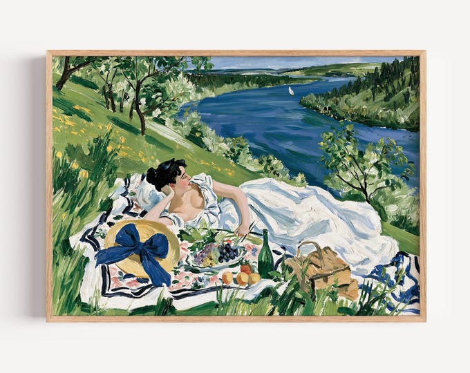 Vintage Impressionist Picnic Landscape Wall Art Print, River Meadow Painting, French Countryside Canvas, Cottagecore Home Decor