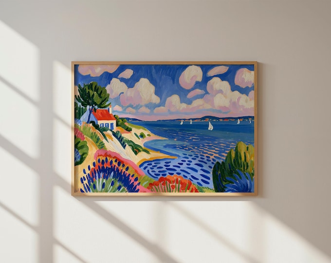 Coastal Cottage Wall Art, Seaside Landscape Painting, Ocean View Art, Vintage Coastal Decor, Beach House Wall Art, Cottagecore Canvas Print