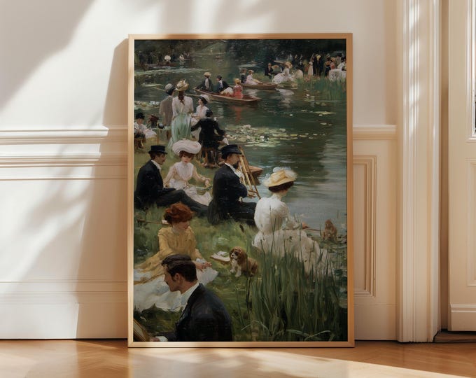 Vintage River Picnic Wall Art, Impressionist Garden Party Painting, Elegant Lakeside Gathering Print, French Country Decor