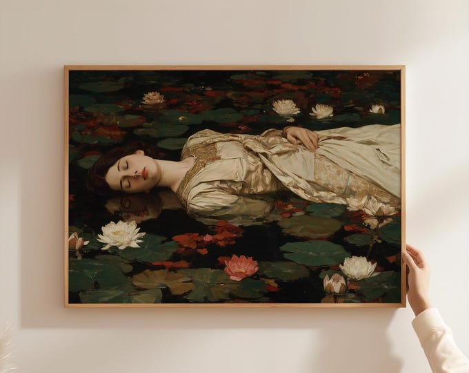 Woman Floating in Water Lily Pond Oil Painting Wall Art, Ophelia Inspired Dark Academia Print, Ethereal Floral Art, Moody Romantic Decor