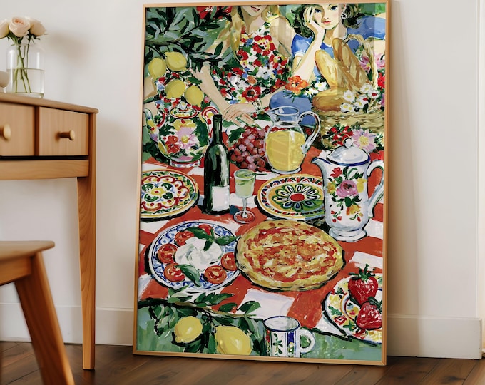 Best Friends Picnic Oil Painting Print, Mediterranean Food Wine Wall Art Print, Dolce Vita Artwork, Preppy Room Decor