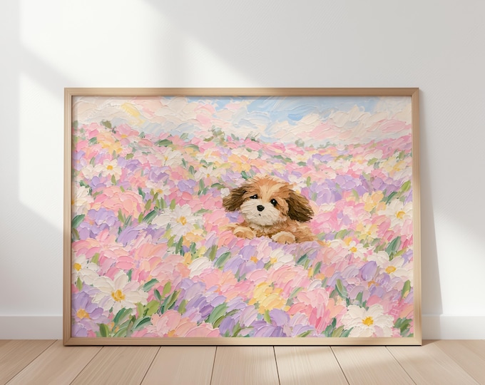 Cute Puppy In Pastel Field Wall Art Print, Soft Spring Floral Landscape, Little Dog Peeking From Blooms, Playful Nursery Cottage Decor