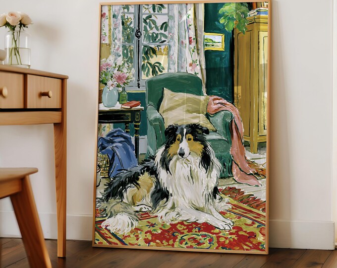 Collie Dog Wall Art Print, Cozy Cottage Living Room Painting, Vintage Home Decor, Floral Interior Canvas, Pet Lover Gift