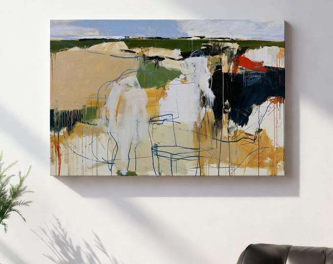 Blue Beige Abstract Wall Art Print, Modern Colorful Painting, Contemporary Canvas Print, Large Neutral Art, Mid Century Modern Decor