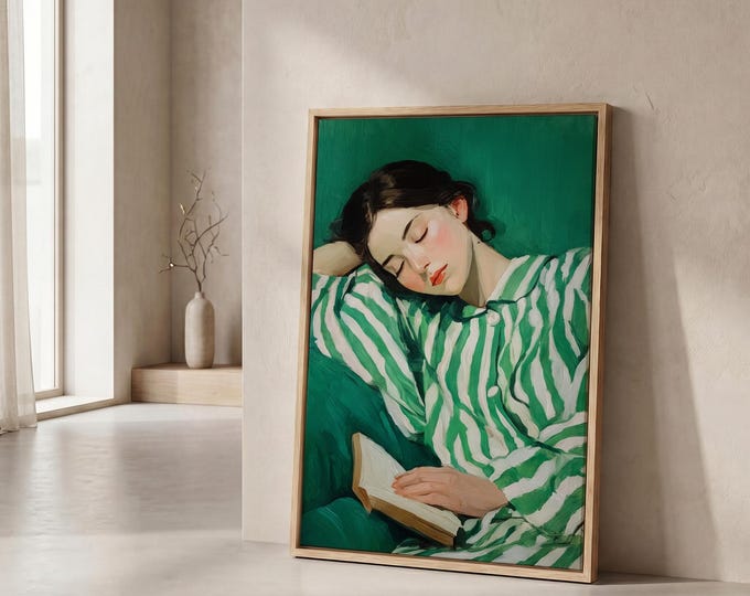 Green Oil Painting Print, Woman Reading Art, Vintage Style Wall Art, Cozy Aesthetic Canvas, Bedroom Decor, Soft Feminine Wall Decor