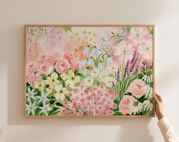 Colorful Floral Wall Art Print, Pastel Flower Garden Painting, Pink Botanical Art, Maximalist Wall Decor, Cottagecore Floral Print