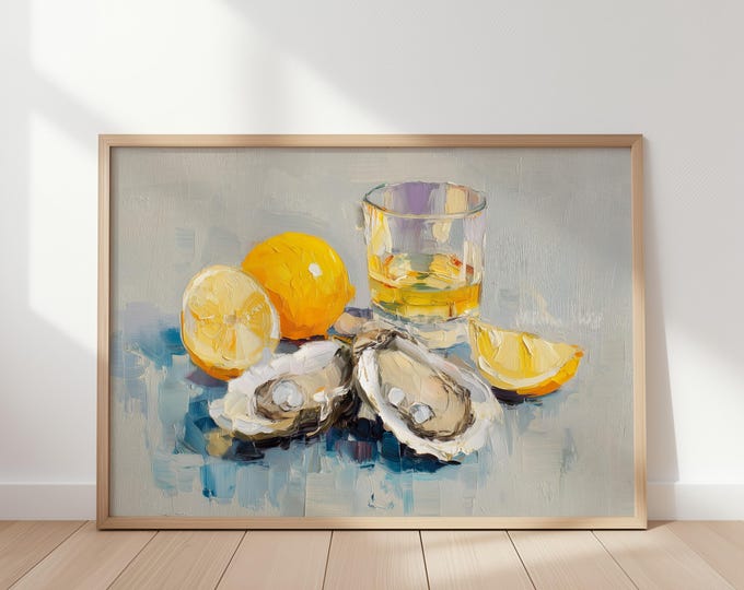 Oysters With Lemon Wall Art Print, Oyster Oil Painting, Coastal Still Life Artwork, Impasto Oyster Painting, Seaside Kitchen Decor