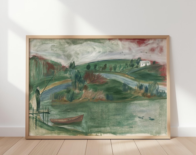 Fisherman At Lake Wall Art Print, Moody Rural Landscape With Boat And Swans, Rolling Hills And Distant Cottage, Quiet Textured Lake Scene