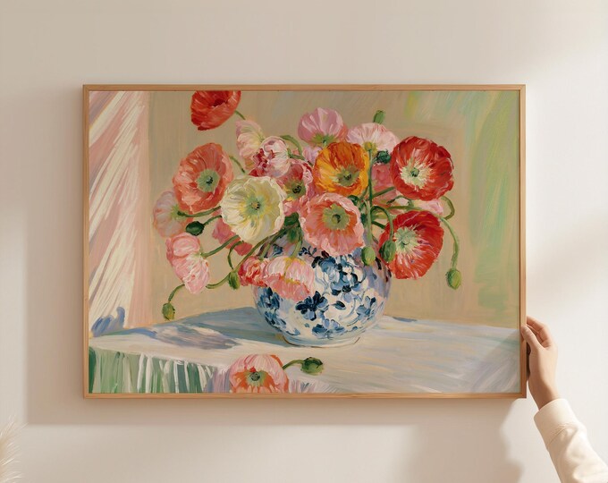 Colorful Poppy Flower Wall Art Print, Floral Vase Painting, Vintage Botanical Art, Cottagecore Wall Decor, Spring Flower Print