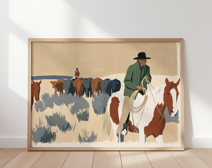 Western Cowboy Horse Wall Art Print, Ranch Horse Painting, Equestrian Art, Rustic Western Decor, Cowboy Art, Horse Lover Gift