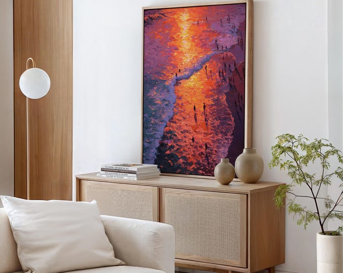 Aerial Beach Sunset Painting Print, Impasto Ocean Print, Vibrant Coastal Wall Art, People on Beach Art, Orange Purple Sea Decor