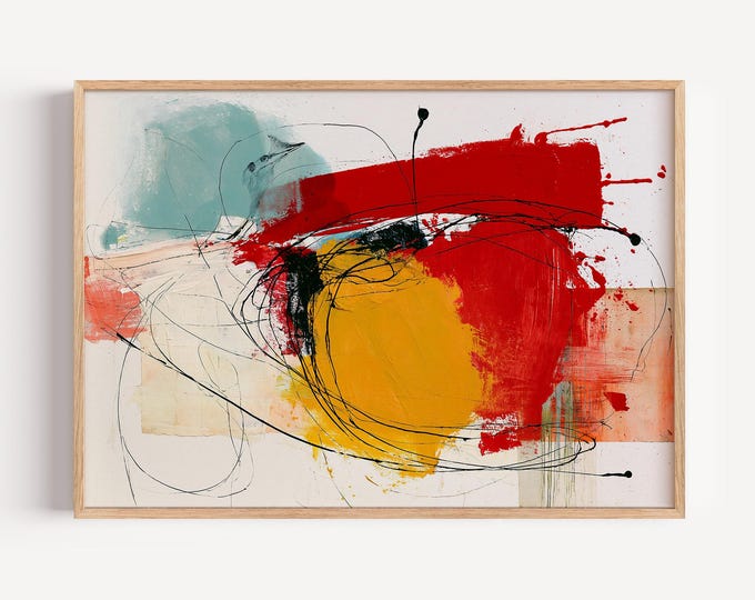 Abstract Wall Art Print, Red Yellow Abstract Painting, Modern Expressionist Art, Contemporary Wall Decor, Mid Century Modern Art