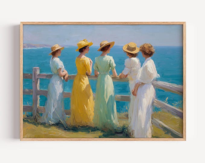 Vintage Coastal Impressionist Wall Art Print, Women by the Sea Framed Wall Art, Ocean View Canvas Decor, Sisterhood Beach Painting