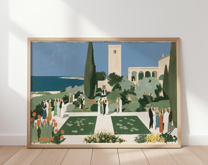 Mediterranean Villa Wall Art Print, Italian Coastal Landscape, Amalfi Coast Canvas, Old Money Decor, European Garden Painting