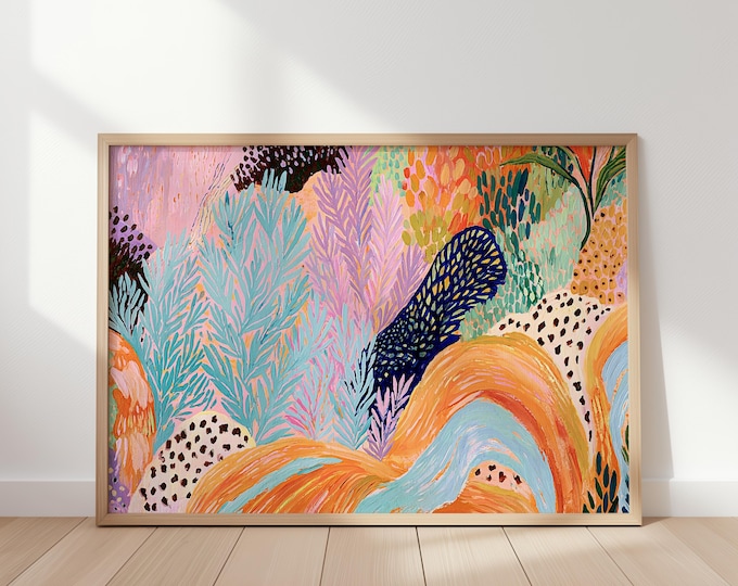 Colorful Abstract Landscape Wall Art Print, Maximalist Eclectic Home Decor, Funky Floral Painting, Vibrant Dopamine Artwork, Boho Arts