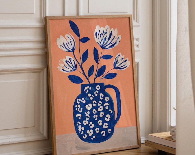 Blue and White Leopard Vase Floral Oil Painting Print, Peach and Navy Botanical Art, Preppy Room Decor, Eclectic Framed Canvas