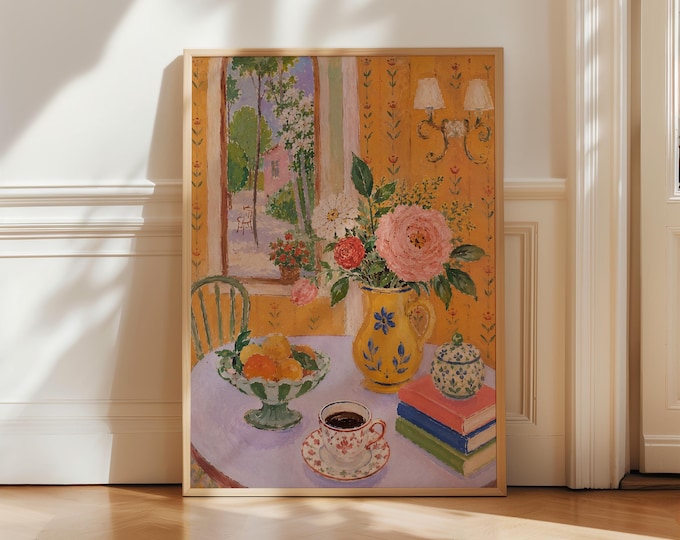 Colorful Floral Still Life Oil Painting Print, French Country Window View Art, Preppy Grandmillennial Decor, Framed Canvas