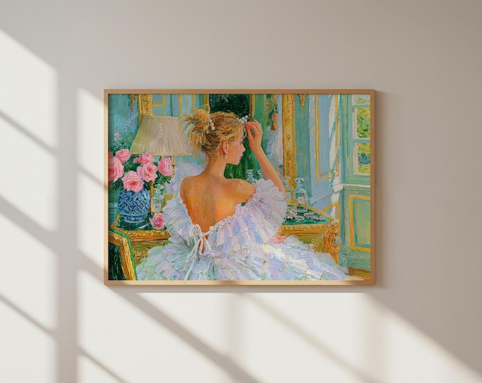 Vintage Vanity Wall Art Print, Elegant Woman at Mirror Painting, Romantic French Rococo Decor, Floral Impressionist Art, Feminine Room Decor