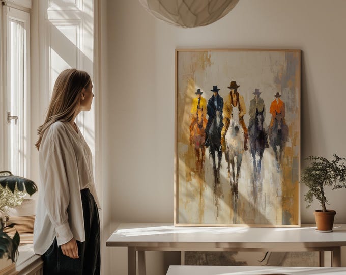 Cowboys on Horses Oil Painting Print, Western Wall Art, Impressionist Equestrian Framed Canvas, Rustic Southwestern Decor