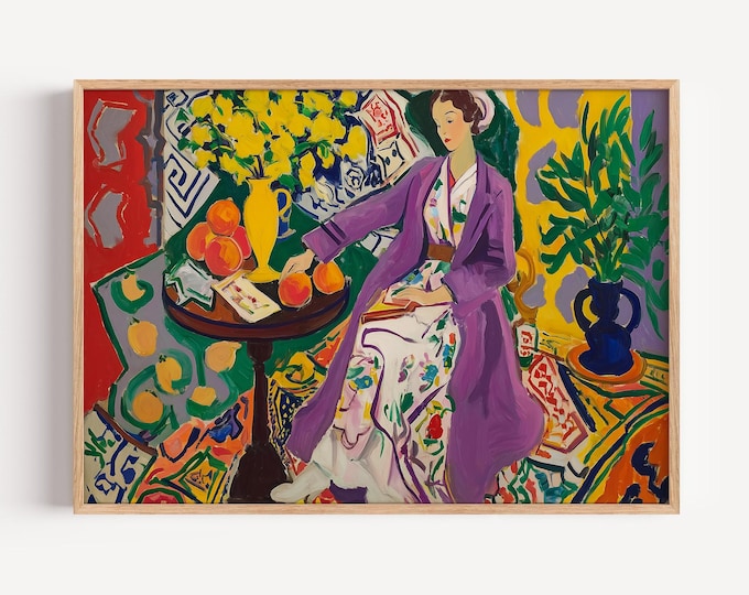 Matisse-Inspired Art Print, Woman in Purple Coat, Yellow Flowers & Oranges, Fauvism Painting, Colorful Wall Decor, Home Art Print