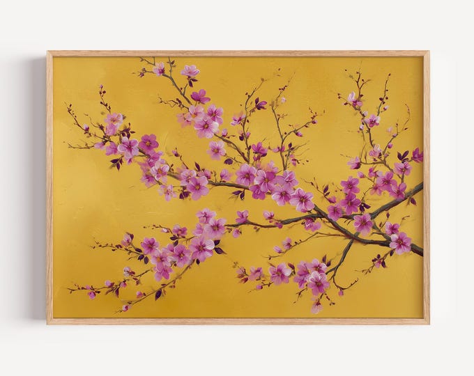 Cherry Blossom Print, Gold Leaf Floral Painting, Pink Flower Wall Art, Chinoiserie Decor, Japanese Blossom Poster, Textured Impasto Art