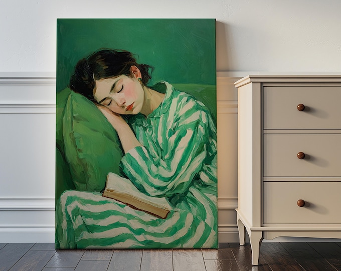 Green Oil Painting Print, Woman Reading Art, Vintage Style Wall Art, Cozy Aesthetic Canvas, Bedroom Decor, Soft Feminine Wall Decor