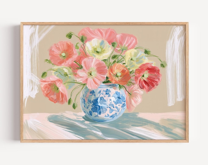 Colorful Poppy Flower Wall Art Print, Floral Vase Painting, Vintage Botanical Art, Cottagecore Wall Decor, Spring Flower Print