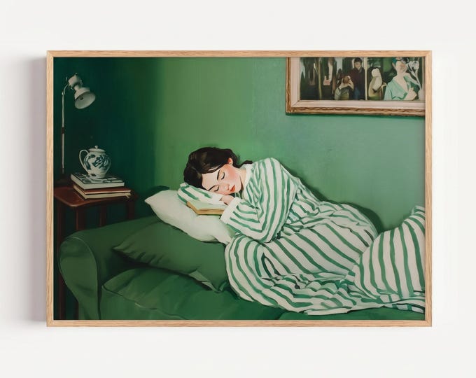 Green Oil Painting Print, Woman Reading Art, Vintage Style Wall Art, Cozy Aesthetic Canvas, Bedroom Decor, Soft Feminine Wall Decor