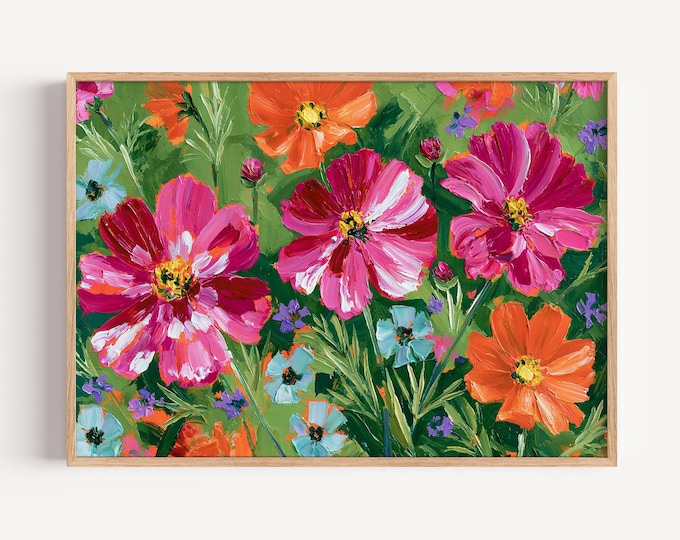 Colorful Floral Wall Art Print, Pink Orange Flower Painting, Wildflower Canvas Art, Botanical Wall Decor, Maximalist Home Decor