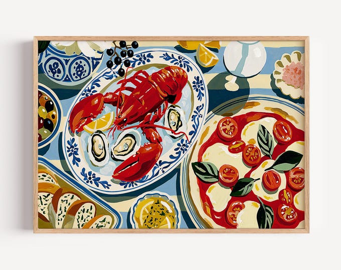 Coastal Italian Food Wall Art Print, Lobster Oyster Pizza Mediterranean Kitchen Decor, Blue White Stripe Seafood Painting, French Bistro Art