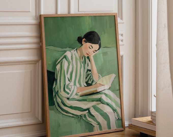 Green Oil Painting Print, Woman Reading Art, Vintage Style Wall Art, Cozy Aesthetic Canvas, Bedroom Decor, Soft Feminine Wall Decor