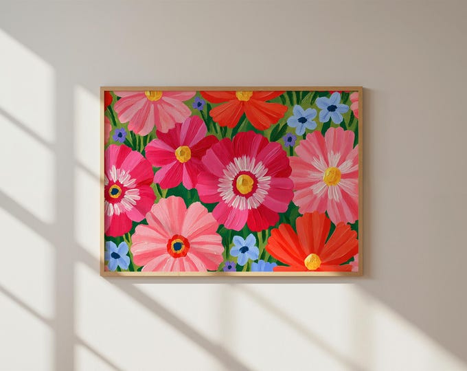 Colorful Floral Wall Art Print, Pink Orange Flower Painting, Wildflower Canvas Art, Botanical Wall Decor, Maximalist Home Decor