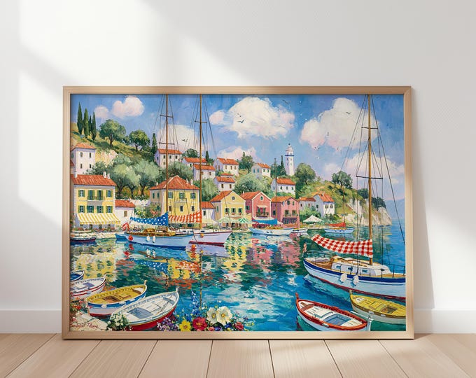 Mediterranean Harbor Wall Art Print, Coastal Village Canvas Print, Colorful Sailboat Seascape, Lighthouse Landscape, Nautical Home Decor