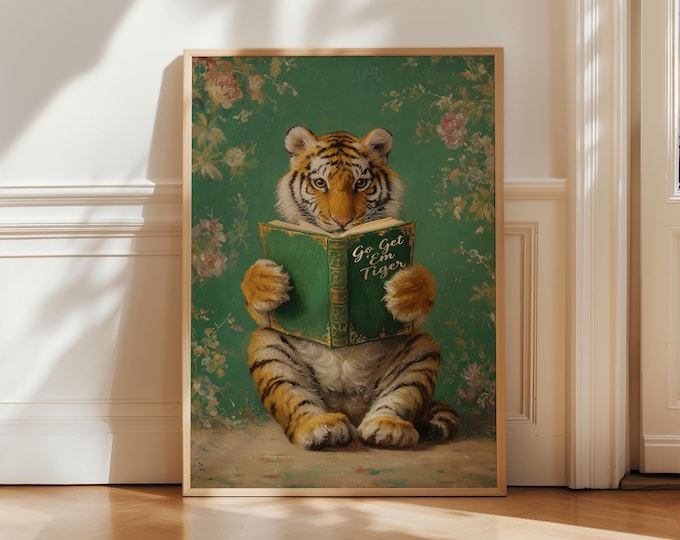 Tiger Reading Wall Art Print, Motivational Animal Wall Art, Funny Bookworm Decor, Library Office Study Wall Art, Vintage Tiger Art Gift