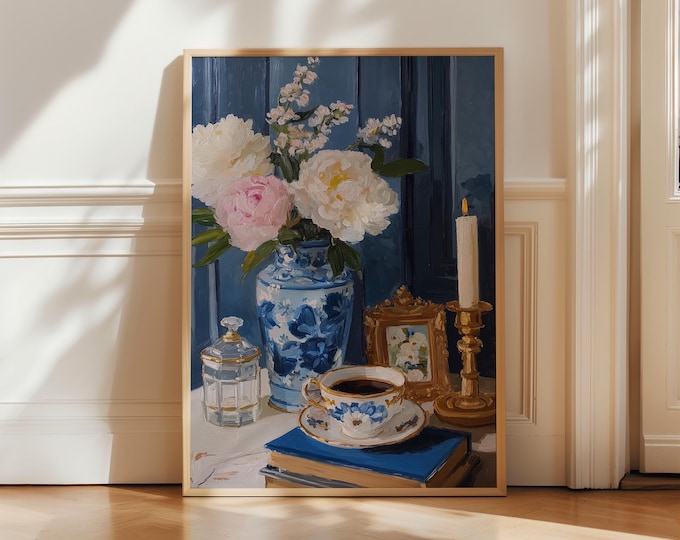Chinoiserie Floral Still Life Oil Painting Print, Blue and White Vase Wall Art, Grandmillennial Preppy Decor, Framed Canvas