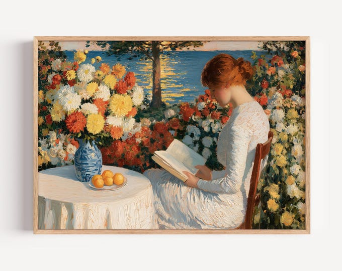 Woman Reading by Lake Wall Art Print, Vintage Landscape Print, Cottagecore Wall Decor, Lake House Art, Serene Nature Painting